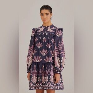 FARM Rio Ainika Martina Floral Long Sleeve Shift Dress in Dark Blue Size Medium